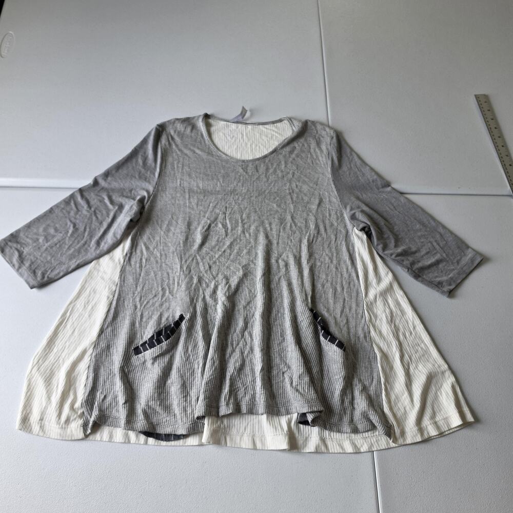 Alembika Tunic Top Size 4 US 12-14 Gray Check Jersey 3/4 Sleeve A Line Lagenlook